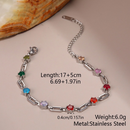 Picture of Wholesale Multicolour Cubic Zirconia 304 Stainless Steel Paperclip Link Chain Station Bracelet, Silver Tone Eco-friendly, Women's Stylish Dainty Gift Jewelry Supply, 17cm(6.7") long, 1 Piece