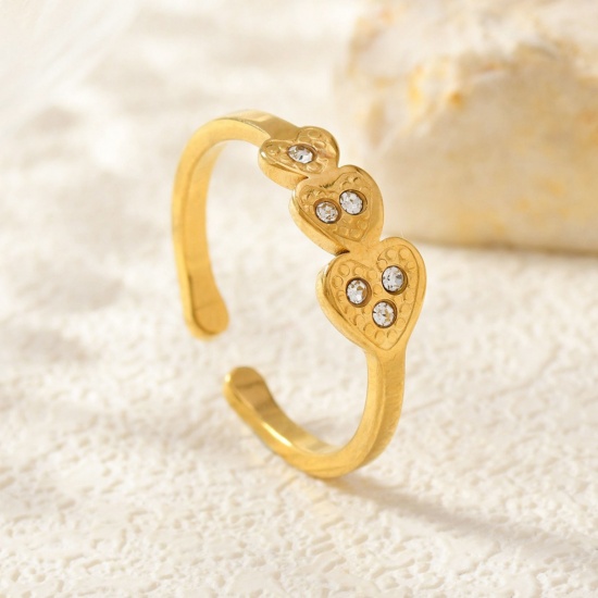Image de de Gros Bagues Plaqué Or 18K en 304 Acier Inoxydable, aux Femmes Cadeau Cœur à Zircone Cubique Clair Ouvert Ajoustable Respectueux de la Nature La Saint Valentin Élégant Fournitures de Bijoux 18mm (Taille d'US 7.75), 1 Pièce