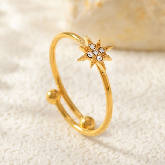 Image de de Gros Bagues Plaqué Or 18K en 304 Acier Inoxydable, aux Femmes Cadeau Etoile à Zircone Cubique Clair Ouvert Ajoustable Respectueux de la Nature Élégant Élégant Fournitures de Bijoux 18mm (Taille d'US 7.75), 1 Pièce