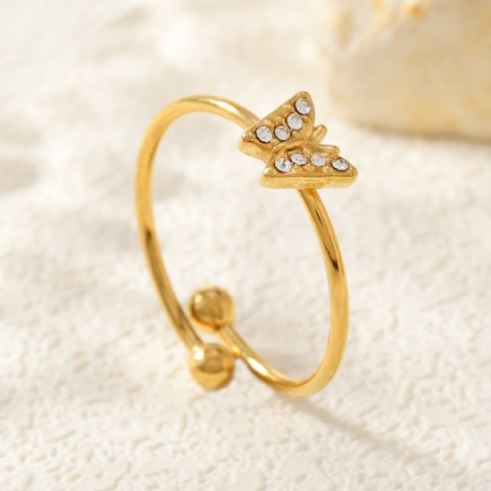 Image de de Gros Bagues Plaqué Or 18K en 304 Acier Inoxydable, aux Femmes Cadeau Papillon à Zircone Cubique Clair Ouvert Ajoustable Respectueux de la Nature Élégant Élégant Fournitures de Bijoux 18mm (Taille d'US 7.75), 1 Pièce