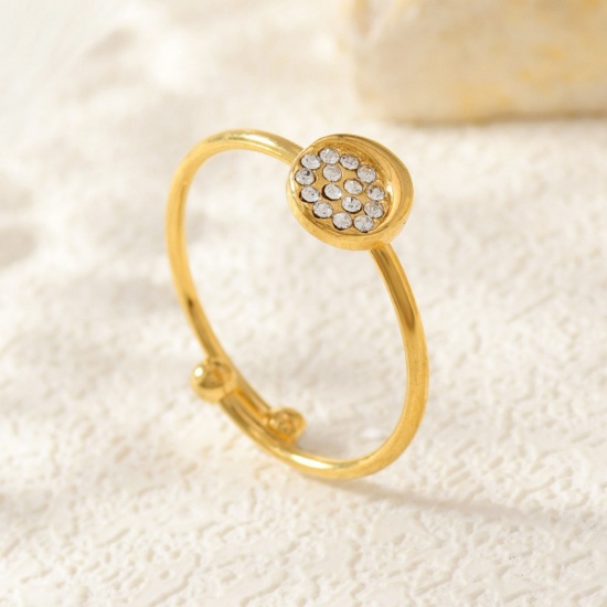 Image de de Gros Bagues Plaqué Or 18K en 304 Acier Inoxydable, aux Femmes Cadeau Demi Lune à Zircone Cubique Clair Ouvert Ajoustable Respectueux de la Nature Élégant Élégant Fournitures de Bijoux 18mm (Taille d'US 7.75), 1 Pièce