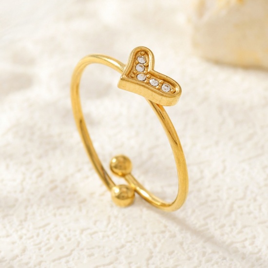 Image de de Gros Bagues Plaqué Or 18K en 304 Acier Inoxydable, aux Femmes Cadeau Cœur à Zircone Cubique Clair Ouvert Ajoustable Respectueux de la Nature La Saint Valentin Élégant Fournitures de Bijoux 18mm (Taille d'US 7.75), 1 Pièce