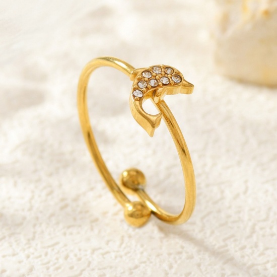 Image de de Gros Bagues Plaqué Or 18K en 304 Acier Inoxydable, aux Femmes Cadeau Dauphin à Zircone Cubique Clair Ouvert Ajoustable Respectueux de la Nature Élégant Élégant Fournitures de Bijoux 18mm (Taille d'US 7.75), 1 Pièce