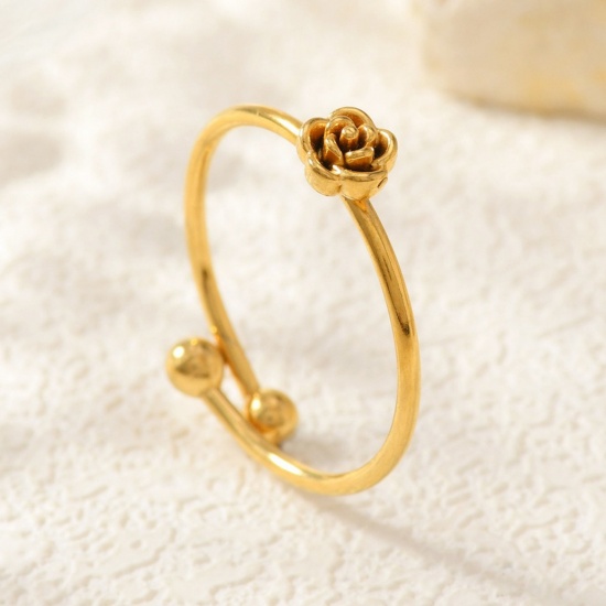 Image de de Gros Bagues Plaqué Or 18K en 304 Acier Inoxydable, aux Femmes Cadeau Fleur Ouvert Ajoustable Respectueux de la Nature Élégant Élégant Fournitures de Bijoux 18mm (Taille d'US 7.75), 1 Pièce