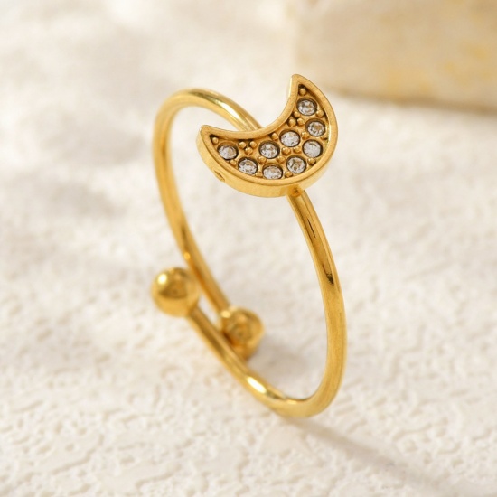 Image de de Gros Bagues Plaqué Or 18K en 304 Acier Inoxydable, aux Femmes Cadeau Demi Lune à Zircone Cubique Clair Ouvert Ajoustable Respectueux de la Nature Élégant Élégant Fournitures de Bijoux 18mm (Taille d'US 7.75), 1 Pièce