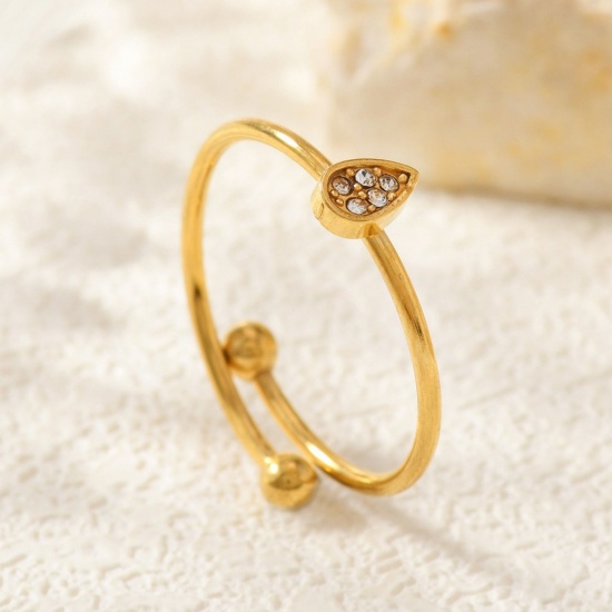 Image de de Gros Bagues Plaqué Or 18K en 304 Acier Inoxydable, aux Femmes Cadeau Goutte d'Eau à Zircone Cubique Clair Ouvert Ajoustable Respectueux de la Nature Élégant Élégant Fournitures de Bijoux 18mm (Taille d'US 7.75), 1 Pièce