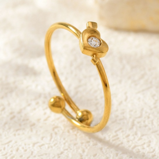 Image de de Gros Bagues Plaqué Or 18K en 304 Acier Inoxydable, aux Femmes Cadeau Cœur à Zircone Cubique Clair Ouvert Ajoustable Respectueux de la Nature La Saint Valentin Élégant Fournitures de Bijoux 18mm (Taille d'US 7.75), 1 Pièce