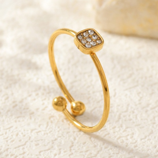 Image de de Gros Bagues Plaqué Or 18K en 304 Acier Inoxydable, aux Femmes Cadeau Carré à Zircone Cubique Clair Ouvert Ajoustable Respectueux de la Nature Élégant Élégant Fournitures de Bijoux 18mm (Taille d'US 7.75), 1 Pièce