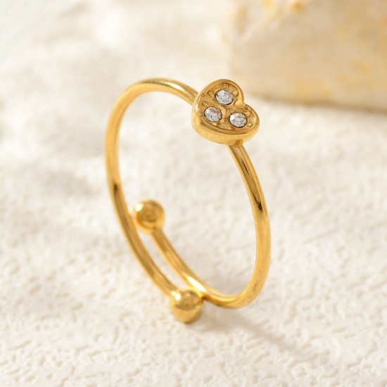 Image de de Gros Bagues Plaqué Or 18K en 304 Acier Inoxydable, aux Femmes Cadeau Cœur à Zircone Cubique Clair Ouvert Ajoustable Respectueux de la Nature La Saint Valentin Élégant Fournitures de Bijoux 18mm (Taille d'US 7.75), 1 Pièce