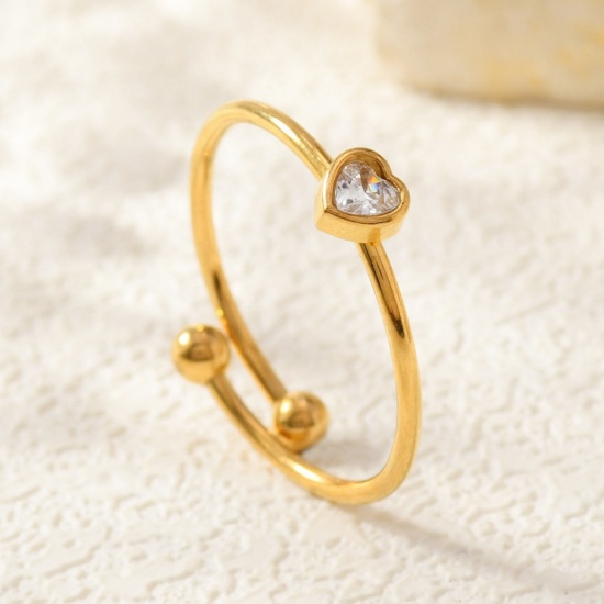 Image de de Gros Bagues Plaqué Or 18K en 304 Acier Inoxydable, aux Femmes Cadeau Cœur à Zircone Cubique Clair Ouvert Ajoustable Respectueux de la Nature La Saint Valentin Élégant Fournitures de Bijoux 18mm (Taille d'US 7.75), 1 Pièce