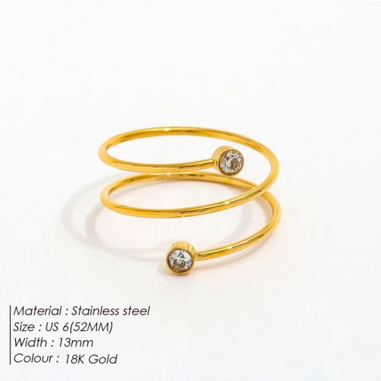 Bild von Großhandel Frauen Geschenk Transparent Strassstein Offen Verstellbar Wickelringe, 18K Vergoldet 304 Edelstahl, Umweltfreundlich Stilvoll Elegant Schmuckbedarf 16.5mm（US Größe:6), 1 Stück