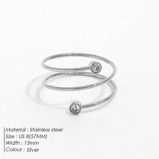 Bild von Großhandel Frauen Geschenk Transparent Strassstein Offen Verstellbar Wickelringe, Silberfarbe 304 Edelstahl, Umweltfreundlich Stilvoll Elegant Schmuckbedarf 18mm (US Größe 7.75), 1 Stück