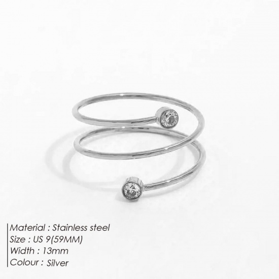 Bild von Großhandel Frauen Geschenk Transparent Strassstein Offen Verstellbar Wickelringe, Silberfarbe 304 Edelstahl, Umweltfreundlich Stilvoll Elegant Schmuckbedarf 18.9mm（US Größe:9), 1 Stück