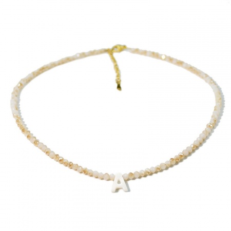 Picture of Wholesale Capital Alphabet Initial Letter Message " A " Creamy-White Natural Shell Beaded Pendant Charm Necklace, 18K Gold Plated 304 Stainless Steel & Quartz Crystal, Women's Eco-friendly Exquisite Dainty Gift Jewelry For Retailer 38cm(15") + 5cm(2") long, 1 Piece