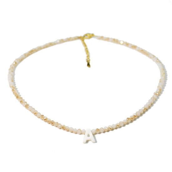 Picture of Wholesale Capital Alphabet Initial Letter Message " A " Creamy-White Natural Shell Beaded Pendant Charm Necklace, 18K Gold Plated 304 Stainless Steel & Quartz Crystal, Women's Eco-friendly Exquisite Dainty Gift Jewelry For Retailer 38cm(15") + 5cm(2") long, 1 Piece