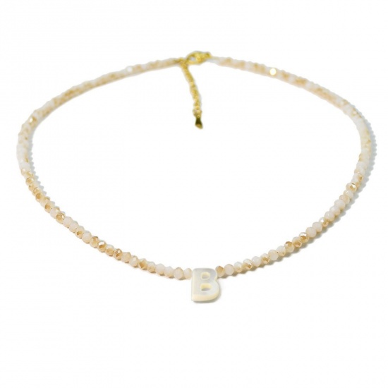 Picture of Wholesale Capital Alphabet Initial Letter Message " B " Creamy-White Natural Shell Beaded Pendant Charm Necklace, 18K Gold Plated 304 Stainless Steel & Quartz Crystal, Women's Eco-friendly Exquisite Dainty Gift Jewelry For Retailer 38cm(15") + 5cm(2") long, 1 Piece