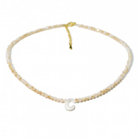 Picture of Wholesale Capital Alphabet Initial Letter Message " C " Creamy-White Natural Shell Beaded Pendant Charm Necklace, 18K Gold Plated 304 Stainless Steel & Quartz Crystal, Women's Eco-friendly Exquisite Dainty Gift Jewelry For Retailer 38cm(15") + 5cm(2") long, 1 Piece