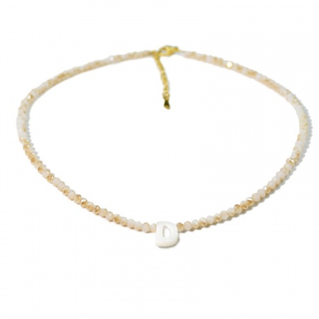Picture of Wholesale Capital Alphabet Initial Letter Message " D " Creamy-White Natural Shell Beaded Pendant Charm Necklace, 18K Gold Plated 304 Stainless Steel & Quartz Crystal, Women's Eco-friendly Exquisite Dainty Gift Jewelry For Retailer 38cm(15") + 5cm(2") long, 1 Piece