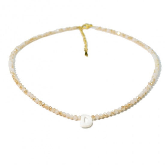 Picture of Wholesale Capital Alphabet Initial Letter Message " D " Creamy-White Natural Shell Beaded Pendant Charm Necklace, 18K Gold Plated 304 Stainless Steel & Quartz Crystal, Women's Eco-friendly Exquisite Dainty Gift Jewelry For Retailer 38cm(15") + 5cm(2") long, 1 Piece