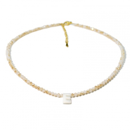 Picture of Wholesale Capital Alphabet Initial Letter Message " E " Creamy-White Natural Shell Beaded Pendant Charm Necklace, 18K Gold Plated 304 Stainless Steel & Quartz Crystal, Women's Eco-friendly Exquisite Dainty Gift Jewelry For Retailer 38cm(15") + 5cm(2") long, 1 Piece