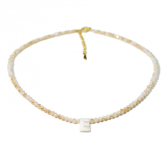 Picture of Wholesale Capital Alphabet Initial Letter Message " E " Creamy-White Natural Shell Beaded Pendant Charm Necklace, 18K Gold Plated 304 Stainless Steel & Quartz Crystal, Women's Eco-friendly Exquisite Dainty Gift Jewelry For Retailer 38cm(15") + 5cm(2") long, 1 Piece