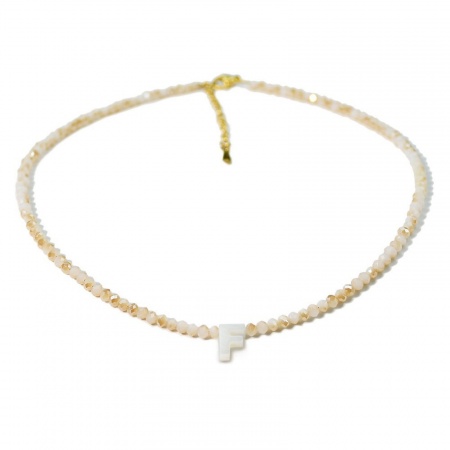 Picture of Wholesale Capital Alphabet Initial Letter Message " F " Creamy-White Natural Shell Beaded Pendant Charm Necklace, 18K Gold Plated 304 Stainless Steel & Quartz Crystal, Women's Eco-friendly Exquisite Dainty Gift Jewelry For Retailer 38cm(15") + 5cm(2") long, 1 Piece