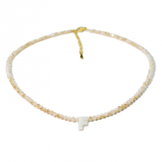 Picture of Wholesale Capital Alphabet Initial Letter Message " F " Creamy-White Natural Shell Beaded Pendant Charm Necklace, 18K Gold Plated 304 Stainless Steel & Quartz Crystal, Women's Eco-friendly Exquisite Dainty Gift Jewelry For Retailer 38cm(15") + 5cm(2") long, 1 Piece