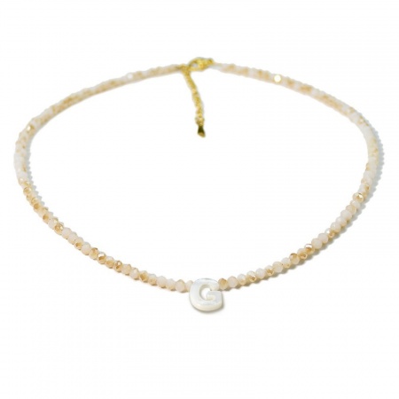 Picture of Wholesale Capital Alphabet Initial Letter Message " G " Creamy-White Natural Shell Beaded Pendant Charm Necklace, 18K Gold Plated 304 Stainless Steel & Quartz Crystal, Women's Eco-friendly Exquisite Dainty Gift Jewelry For Retailer 38cm(15") + 5cm(2") long, 1 Piece