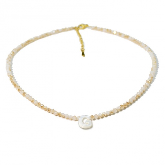 Picture of Wholesale Capital Alphabet Initial Letter Message " G " Creamy-White Natural Shell Beaded Pendant Charm Necklace, 18K Gold Plated 304 Stainless Steel & Quartz Crystal, Women's Eco-friendly Exquisite Dainty Gift Jewelry For Retailer 38cm(15") + 5cm(2") long, 1 Piece