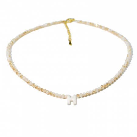 Picture of Wholesale Capital Alphabet Initial Letter Message " H " Creamy-White Natural Shell Beaded Pendant Charm Necklace, 18K Gold Plated 304 Stainless Steel & Quartz Crystal, Women's Eco-friendly Exquisite Dainty Gift Jewelry For Retailer 38cm(15") + 5cm(2") long, 1 Piece