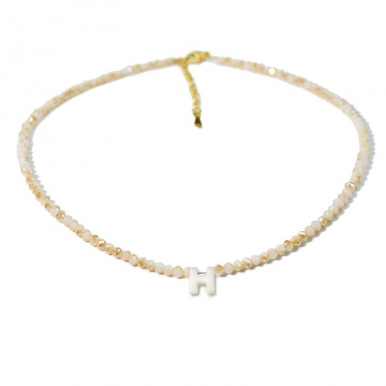 Picture of Wholesale Capital Alphabet Initial Letter Message " H " Creamy-White Natural Shell Beaded Pendant Charm Necklace, 18K Gold Plated 304 Stainless Steel & Quartz Crystal, Women's Eco-friendly Exquisite Dainty Gift Jewelry For Retailer 38cm(15") + 5cm(2") long, 1 Piece