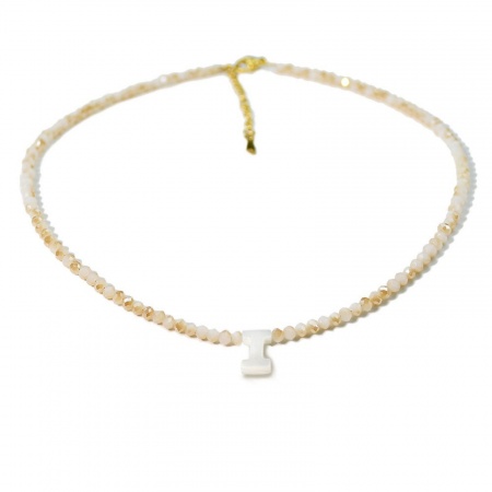 Picture of Wholesale Capital Alphabet Initial Letter Message " I " Creamy-White Natural Shell Beaded Pendant Charm Necklace, 18K Gold Plated 304 Stainless Steel & Quartz Crystal, Women's Eco-friendly Exquisite Dainty Gift Jewelry For Retailer 38cm(15") + 5cm(2") long, 1 Piece