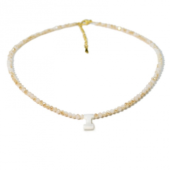 Picture of Wholesale Capital Alphabet Initial Letter Message " I " Creamy-White Natural Shell Beaded Pendant Charm Necklace, 18K Gold Plated 304 Stainless Steel & Quartz Crystal, Women's Eco-friendly Exquisite Dainty Gift Jewelry For Retailer 38cm(15") + 5cm(2") long, 1 Piece