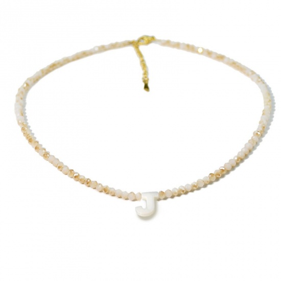 Picture of Wholesale Capital Alphabet Initial Letter Message " J " Creamy-White Natural Shell Beaded Pendant Charm Necklace, 18K Gold Plated 304 Stainless Steel & Quartz Crystal, Women's Eco-friendly Exquisite Dainty Gift Jewelry For Retailer 38cm(15") + 5cm(2") long, 1 Piece