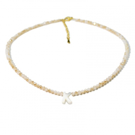 Picture of Wholesale Capital Alphabet Initial Letter Message " K " Creamy-White Natural Shell Beaded Pendant Charm Necklace, 18K Gold Plated 304 Stainless Steel & Quartz Crystal, Women's Eco-friendly Exquisite Dainty Gift Jewelry For Retailer 38cm(15") + 5cm(2") long, 1 Piece