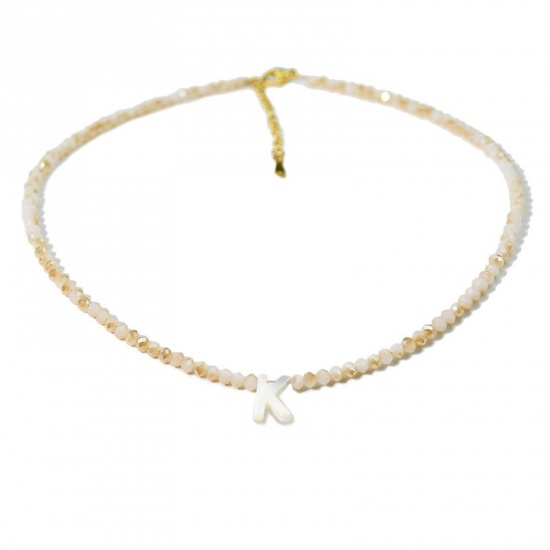 Picture of Wholesale Capital Alphabet Initial Letter Message " K " Creamy-White Natural Shell Beaded Pendant Charm Necklace, 18K Gold Plated 304 Stainless Steel & Quartz Crystal, Women's Eco-friendly Exquisite Dainty Gift Jewelry For Retailer 38cm(15") + 5cm(2") long, 1 Piece