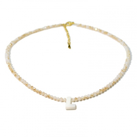 Picture of Wholesale Capital Alphabet Initial Letter Message " L " Creamy-White Natural Shell Beaded Pendant Charm Necklace, 18K Gold Plated 304 Stainless Steel & Quartz Crystal, Women's Eco-friendly Exquisite Dainty Gift Jewelry For Retailer 38cm(15") + 5cm(2") long, 1 Piece