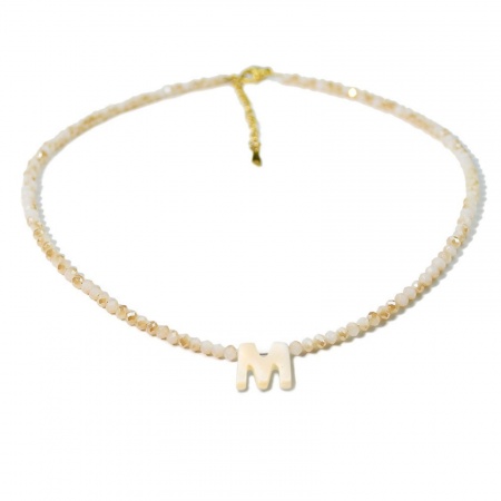 Picture of Wholesale Capital Alphabet Initial Letter Message " M " Creamy-White Natural Shell Beaded Pendant Charm Necklace, 18K Gold Plated 304 Stainless Steel & Quartz Crystal, Women's Eco-friendly Exquisite Dainty Gift Jewelry For Retailer 38cm(15") + 5cm(2") long, 1 Piece