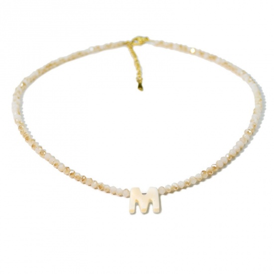 Picture of Wholesale Capital Alphabet Initial Letter Message " M " Creamy-White Natural Shell Beaded Pendant Charm Necklace, 18K Gold Plated 304 Stainless Steel & Quartz Crystal, Women's Eco-friendly Exquisite Dainty Gift Jewelry For Retailer 38cm(15") + 5cm(2") long, 1 Piece