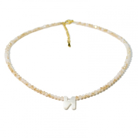 Picture of Wholesale Capital Alphabet Initial Letter Message " N " Creamy-White Natural Shell Beaded Pendant Charm Necklace, 18K Gold Plated 304 Stainless Steel & Quartz Crystal, Women's Eco-friendly Exquisite Dainty Gift Jewelry For Retailer 38cm(15") + 5cm(2") long, 1 Piece