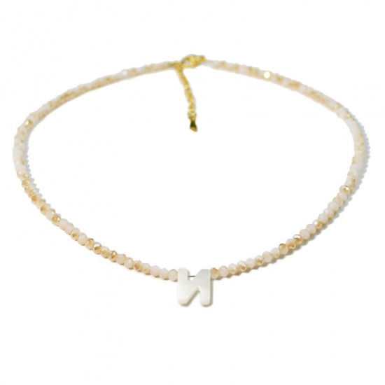 Picture of Wholesale Capital Alphabet Initial Letter Message " N " Creamy-White Natural Shell Beaded Pendant Charm Necklace, 18K Gold Plated 304 Stainless Steel & Quartz Crystal, Women's Eco-friendly Exquisite Dainty Gift Jewelry For Retailer 38cm(15") + 5cm(2") long, 1 Piece