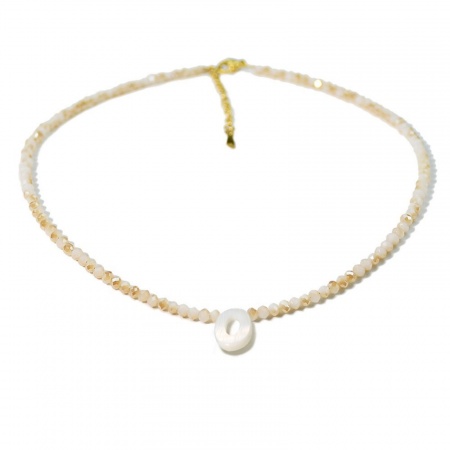 Picture of Wholesale Capital Alphabet Initial Letter Message " O " Creamy-White Natural Shell Beaded Pendant Charm Necklace, 18K Gold Plated 304 Stainless Steel & Quartz Crystal, Women's Eco-friendly Exquisite Dainty Gift Jewelry For Retailer 38cm(15") + 5cm(2") long, 1 Piece