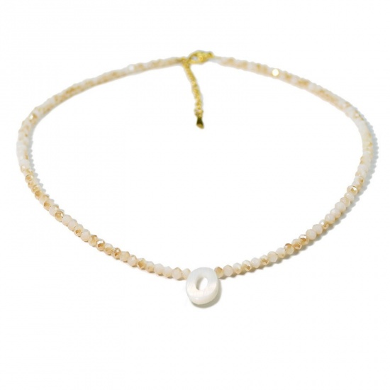 Picture of Wholesale Capital Alphabet Initial Letter Message " O " Creamy-White Natural Shell Beaded Pendant Charm Necklace, 18K Gold Plated 304 Stainless Steel & Quartz Crystal, Women's Eco-friendly Exquisite Dainty Gift Jewelry For Retailer 38cm(15") + 5cm(2") long, 1 Piece