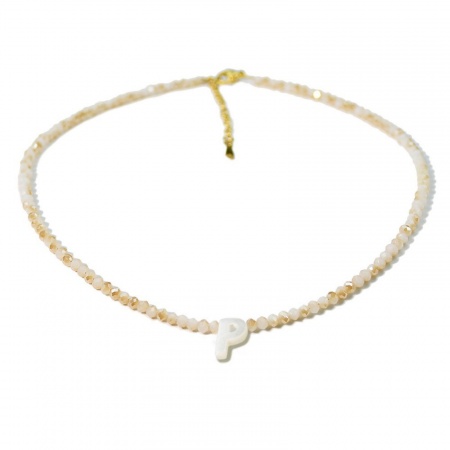 Picture of Wholesale Capital Alphabet Initial Letter Message " P " Creamy-White Natural Shell Beaded Pendant Charm Necklace, 18K Gold Plated 304 Stainless Steel & Quartz Crystal, Women's Eco-friendly Exquisite Dainty Gift Jewelry For Retailer 38cm(15") + 5cm(2") long, 1 Piece