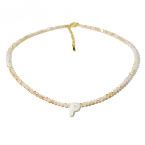 Picture of Wholesale Capital Alphabet Initial Letter Message " P " Creamy-White Natural Shell Beaded Pendant Charm Necklace, 18K Gold Plated 304 Stainless Steel & Quartz Crystal, Women's Eco-friendly Exquisite Dainty Gift Jewelry For Retailer 38cm(15") + 5cm(2") long, 1 Piece