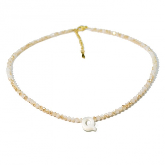 Picture of Wholesale Capital Alphabet Initial Letter Message " Q " Creamy-White Natural Shell Beaded Pendant Charm Necklace, 18K Gold Plated 304 Stainless Steel & Quartz Crystal, Women's Eco-friendly Exquisite Dainty Gift Jewelry For Retailer 38cm(15") + 5cm(2") long, 1 Piece