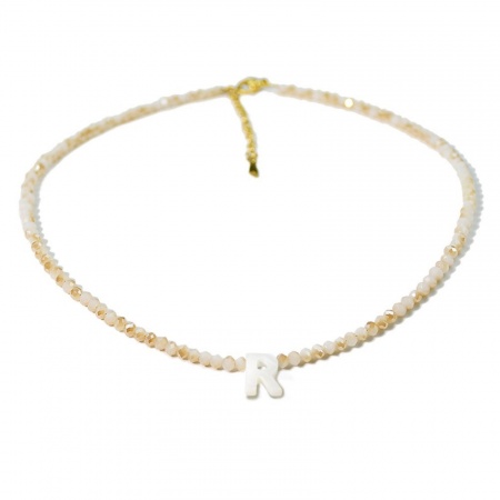 Picture of Wholesale Capital Alphabet Initial Letter Message " R " Creamy-White Natural Shell Beaded Pendant Charm Necklace, 18K Gold Plated 304 Stainless Steel & Quartz Crystal, Women's Eco-friendly Exquisite Dainty Gift Jewelry For Retailer 38cm(15") + 5cm(2") long, 1 Piece