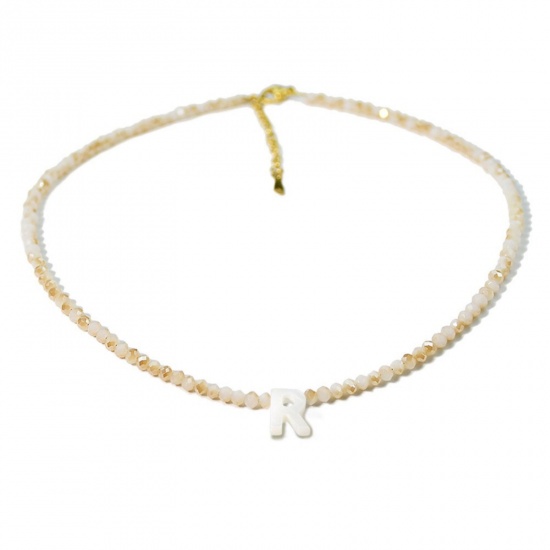 Picture of Wholesale Capital Alphabet Initial Letter Message " R " Creamy-White Natural Shell Beaded Pendant Charm Necklace, 18K Gold Plated 304 Stainless Steel & Quartz Crystal, Women's Eco-friendly Exquisite Dainty Gift Jewelry For Retailer 38cm(15") + 5cm(2") long, 1 Piece