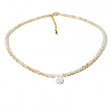 Picture of Wholesale Capital Alphabet Initial Letter Message " S " Creamy-White Natural Shell Beaded Pendant Charm Necklace, 18K Gold Plated 304 Stainless Steel & Quartz Crystal, Women's Eco-friendly Exquisite Dainty Gift Jewelry For Retailer 38cm(15") + 5cm(2") long, 1 Piece
