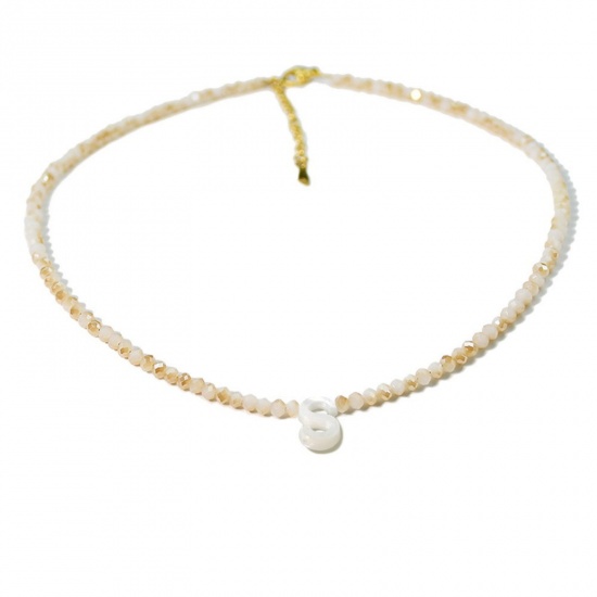Picture of Wholesale Capital Alphabet Initial Letter Message " S " Creamy-White Natural Shell Beaded Pendant Charm Necklace, 18K Gold Plated 304 Stainless Steel & Quartz Crystal, Women's Eco-friendly Exquisite Dainty Gift Jewelry For Retailer 38cm(15") + 5cm(2") long, 1 Piece